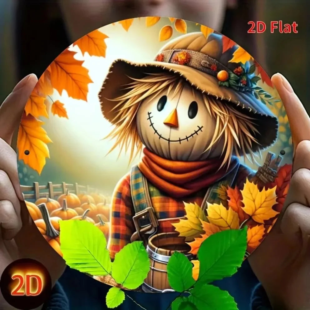 1pc 2D Flat Scarecrow Metal Sign – Cute Aluminum Art in Autumn Basket, Ideal for Halloween Farm Garland Decor & Room Art