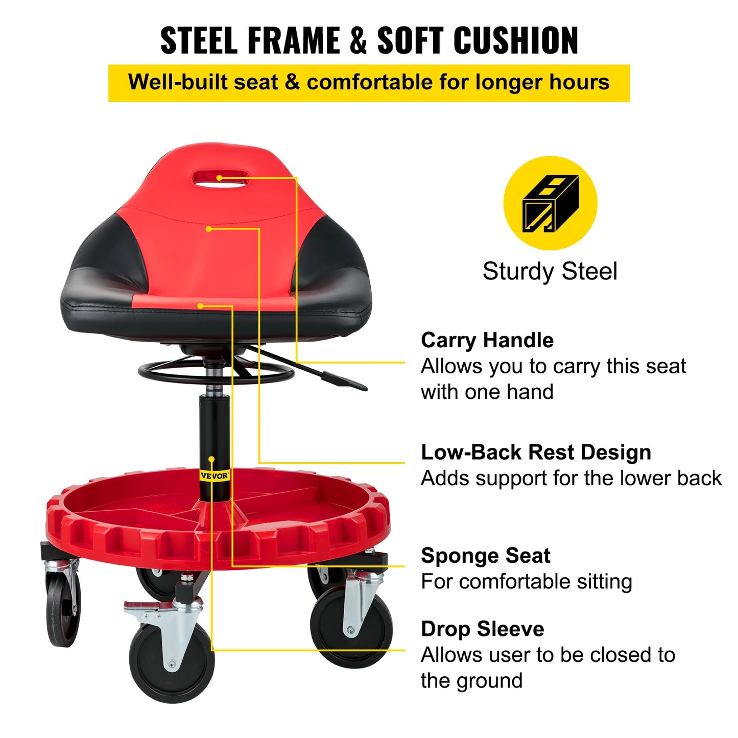 Rolling Garage Stool 300LBS Capacity 21"-26" Adjustable Height Range Mechanic Seat with Swivel Casters and Tool Tray