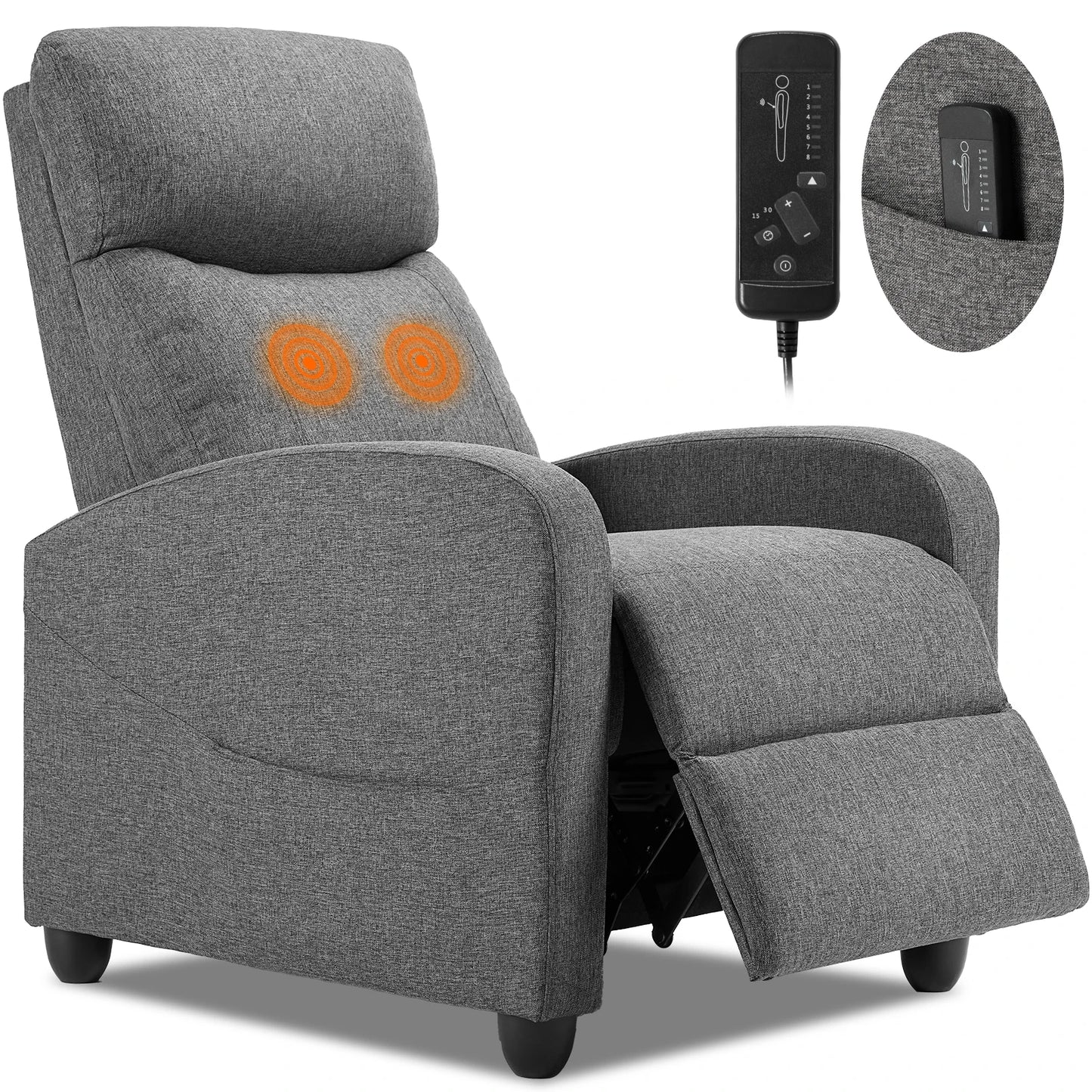 Massage Recliner Chair in Fabric Theater Lumbar Support Adjustable Modern Padded Seat Backrest Living Room Home Grey