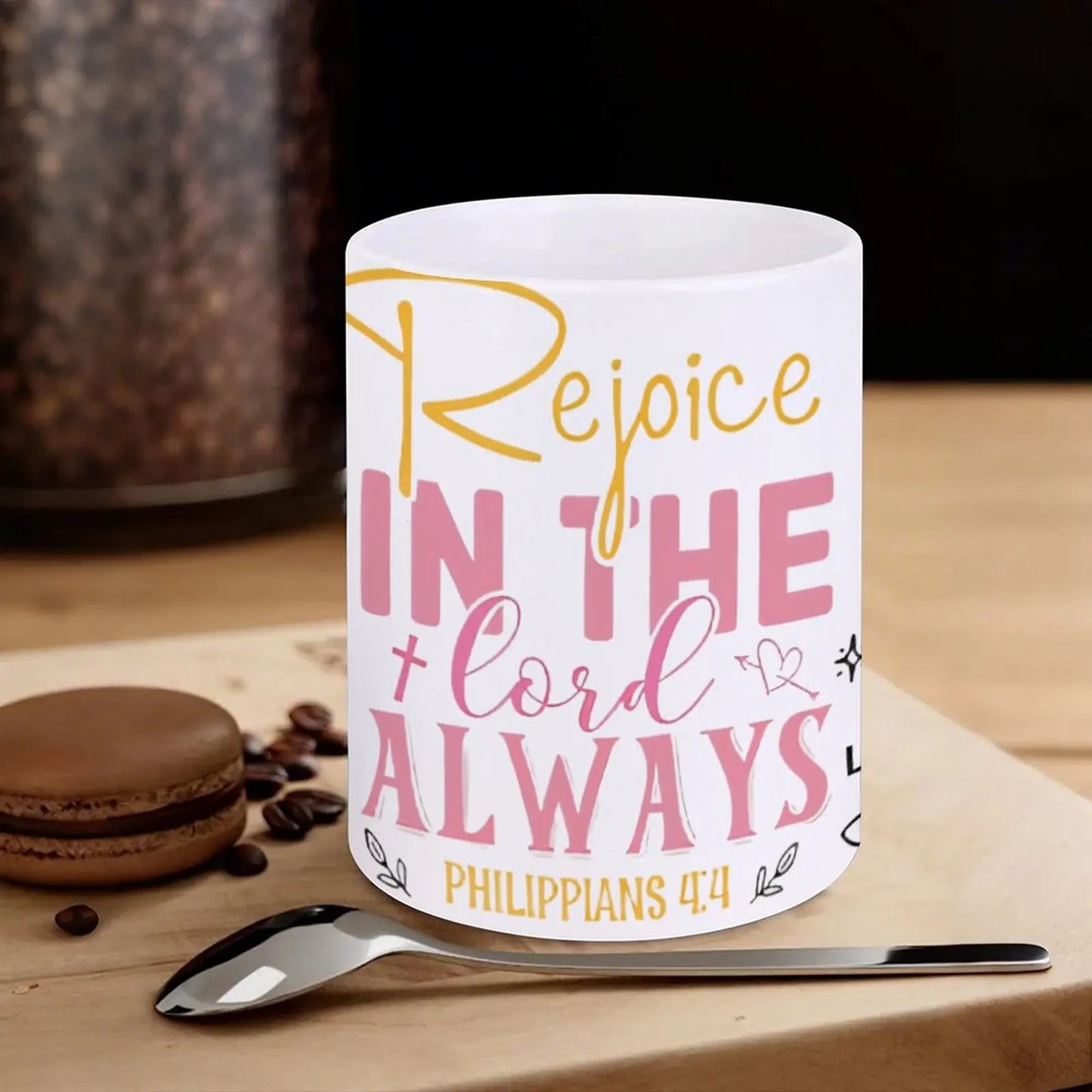 Rejoice In The Lord Always Ceramic Coffee Mug Bible Verse Cute Glass Cup, 11oz Espresso Cups for Everyday Wear