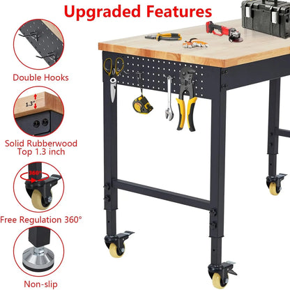 Adjustable Workbench for Garage, 72" x 25" Portable Work Bench, 2000 Lbs Capacity, Rubber Wood Workstation w/ 4 Rolling Casters
