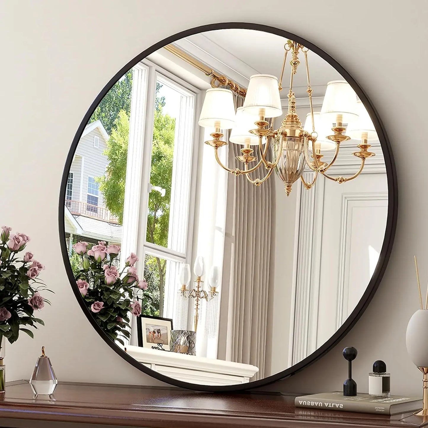 30 Inch Round Wall Mirror Bathroom Mirror with Metal Frame Modern Hanging Mirror for Entryway, Living Room