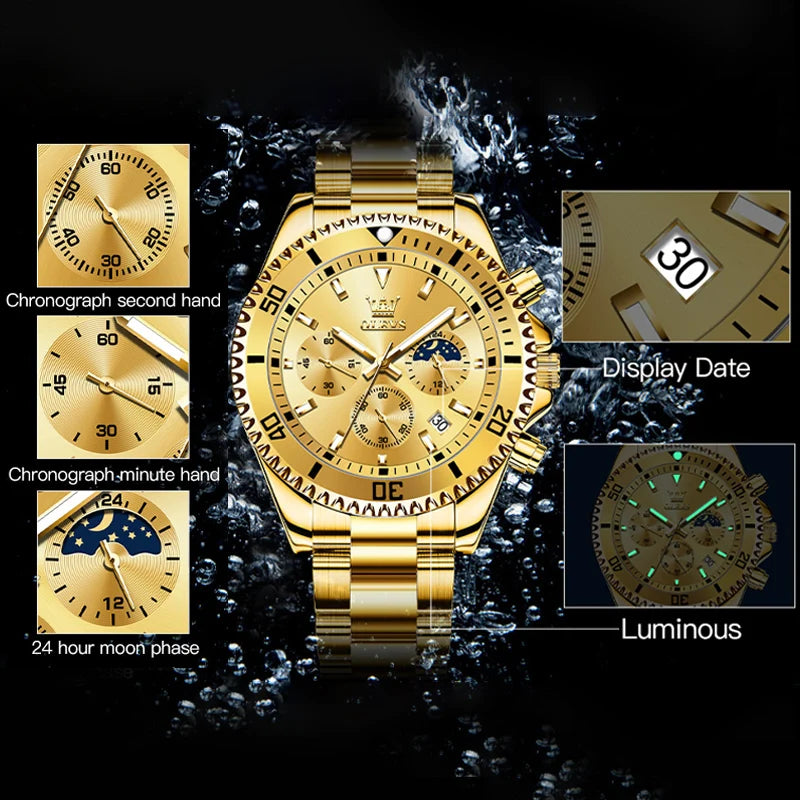 Men's Watches Top Brand Luxury Watch for Men Original Waterproof Stainless Steel Chronograph Moon Phase Date Rota Dial