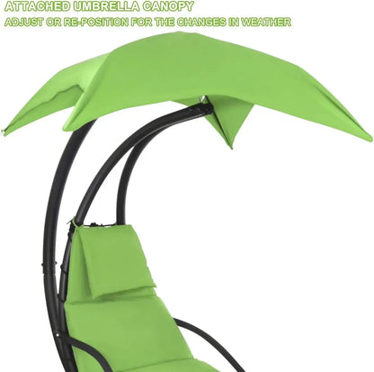 Patio Hanging Chaise Outdoor Lounger Padded Cushion Swing Hammock Chair w/Sun Shade Canopy Umbrella Stand [Green]