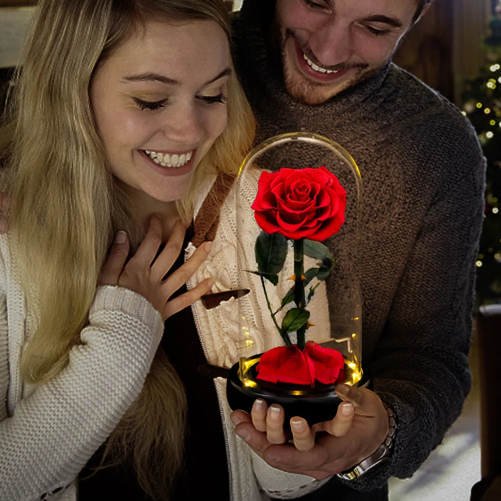 Forever Preserved Real Rose in Glass with LED Light Eternal Flower Gifts for Mother's Day