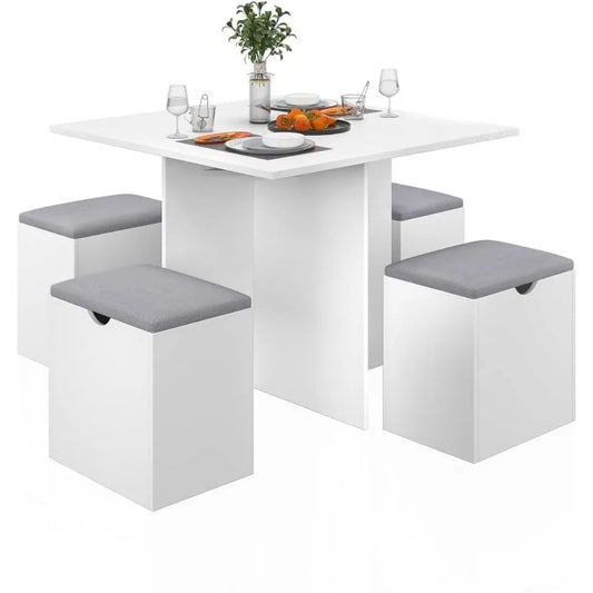 5-Piece All Purpose Table Set, Small Kitchen Table Set with 4 Stools Compact Space-Saving for Dining or Game Playing. Storage in Stools