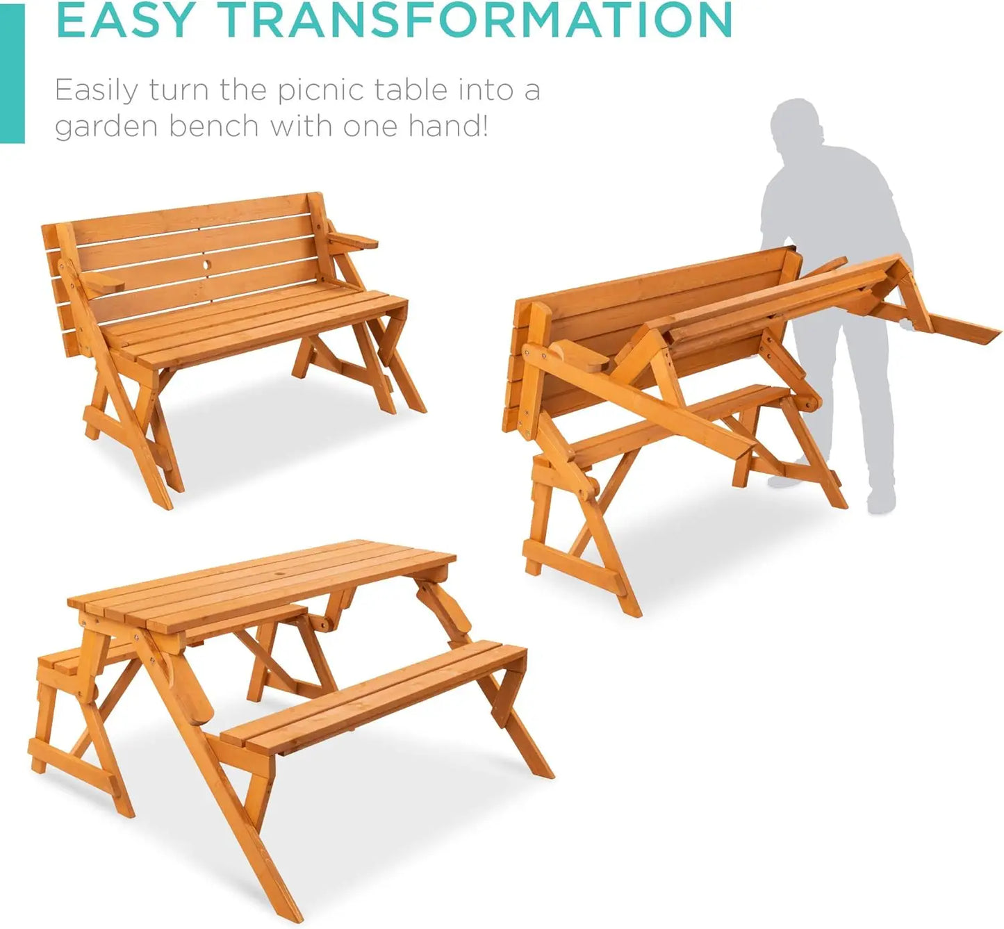2-in-1 Transforming Interchangeable Outdoor Wooden Picnic Table and Garden Bench for Backyard, Porch, Patio, Deck w/Umbrella Hole