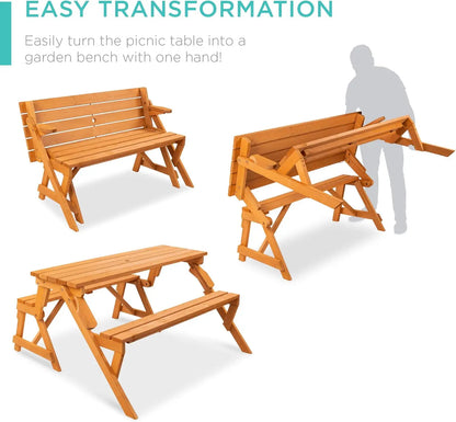 2-in-1 Transforming Interchangeable Outdoor Wooden Picnic Table and Garden Bench for Backyard, Porch, Patio, Deck w/Umbrella Hole
