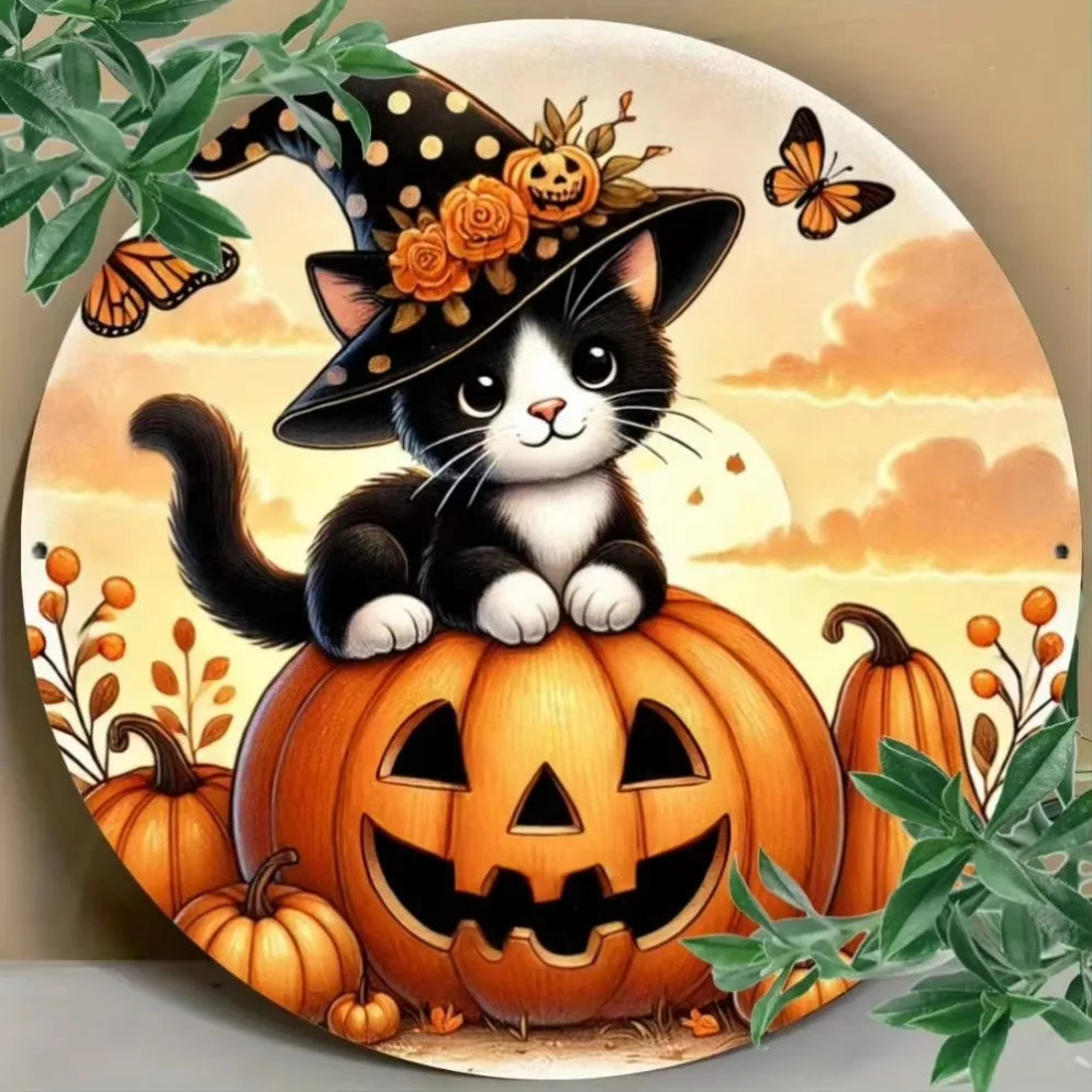 2D "Halloween" Metal Wall Art – Pumpkin, Skull & Black Cat Design, Durable Iron Hanging Decor for an room in your home or office