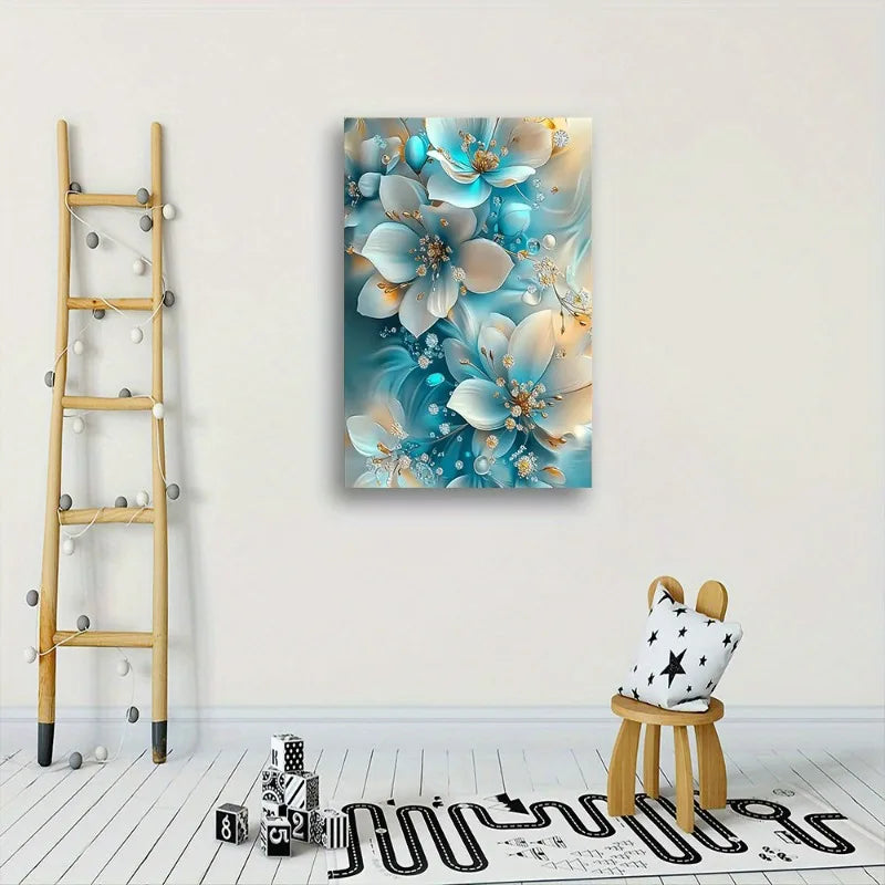 Elegant Oil Painting Artwork Framed Serene Blue and White Flowers with Gold Accents