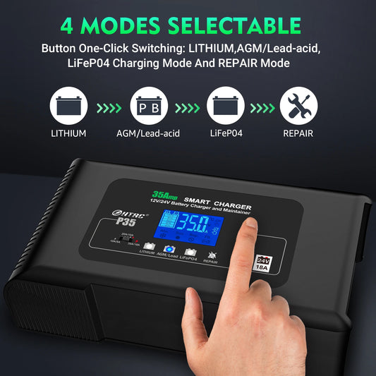 Large Power 35A 12V 24V Car Battery Charger for Auto Moto Truck Motorcycle AGM Lead Acid PB GEL LCD Display Smart Charging