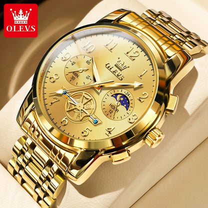 Moon Phase Watch Men Stainless Steel Waterproof Luminous Fashion Skeleton Chronograph Quartz