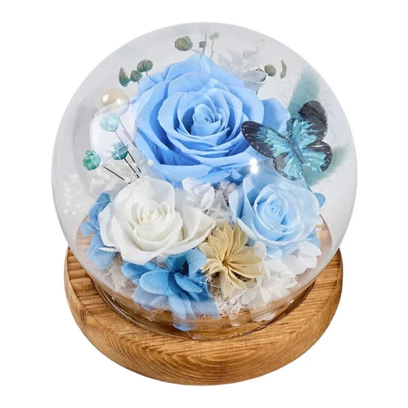 Preserved Rose Flower for Mom Wife Girlfriend in Glass Dome with Bamboo Base