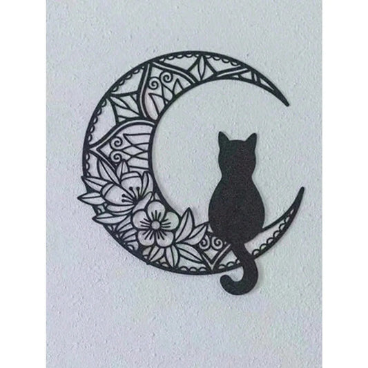 1PC Iron Moon & Black Cat Wall Decor (Wall Sculpture) | Spooky Halloween Autumn Home Hanging