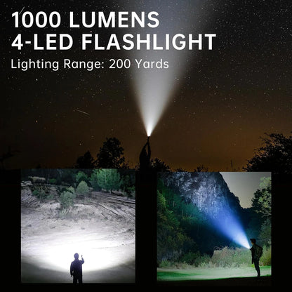 1000 Lumens USB Rechargeable LED Flashlight for Outdoor Activities - Camping, Hiking, Emergency, Fishing - Waterproof,