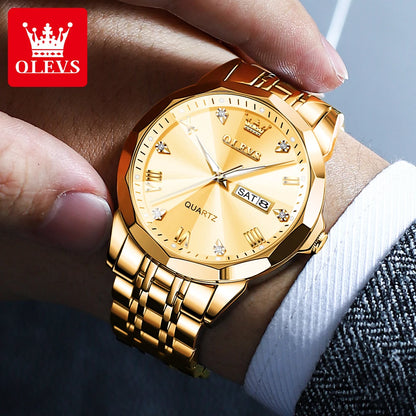 Men‘s Watches Gold Original Quartz Wristwatch Waterproof Luminous Watch for Male Rhombus Mirror Date Week Luxury Dress