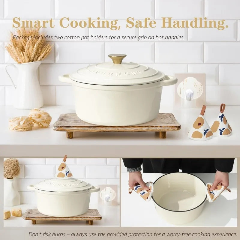 5.5QT Pot with Lid Cookbook & Cotton Potholders - for Braising, Stews, Roasting, Bread Baking