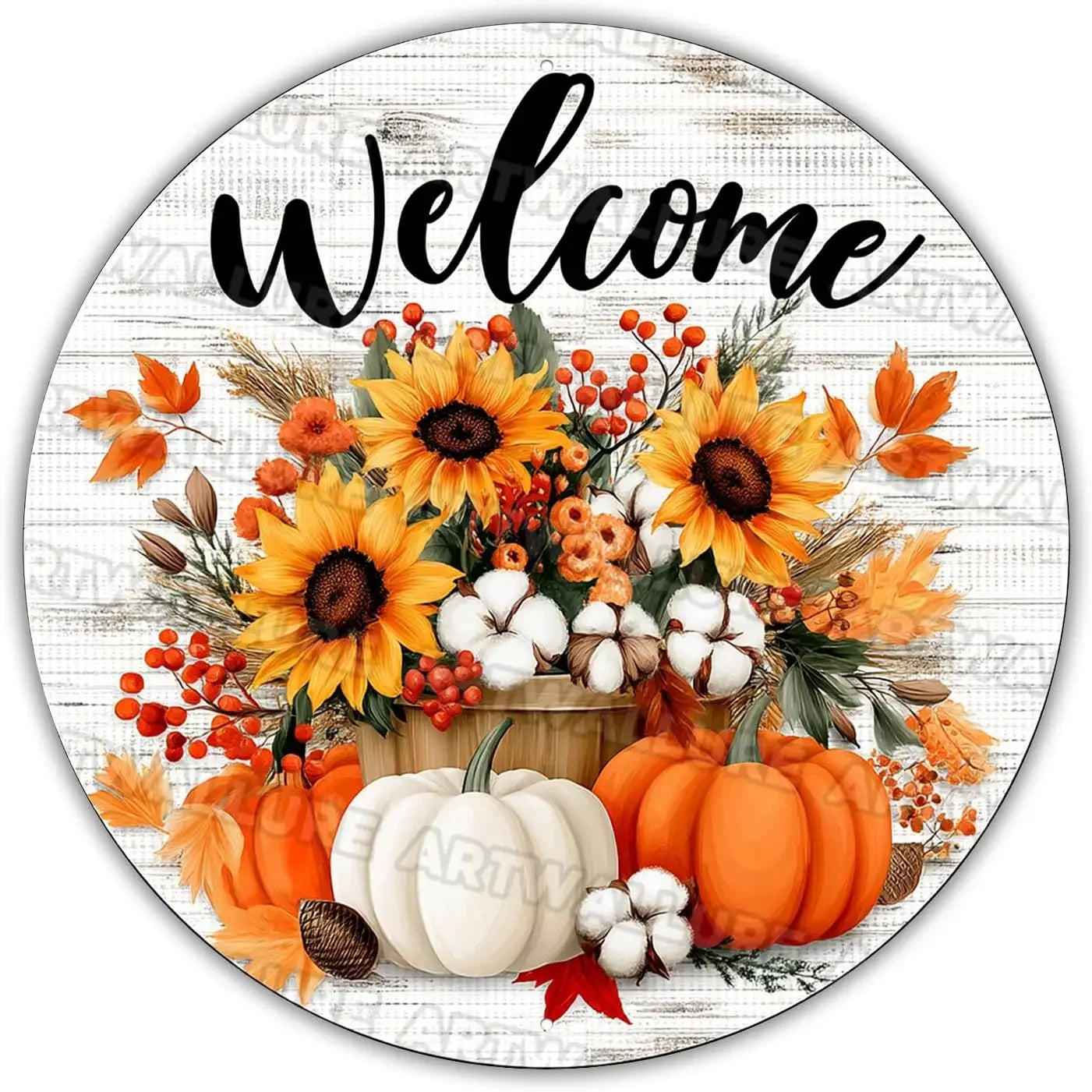 8x8" Round Fall Pumpkin Metal Tin Sign - Bird Wreath Decor, Farmhouse Home Living Room Coffee Bar Wall Art, Thanksgiving Gift