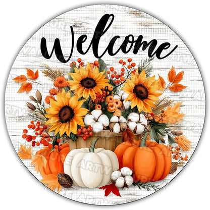 8x8" Round Fall Pumpkin Metal Tin Sign - Bird Wreath Decor, Farmhouse Home Living Room Coffee Bar Wall Art, Thanksgiving Gift