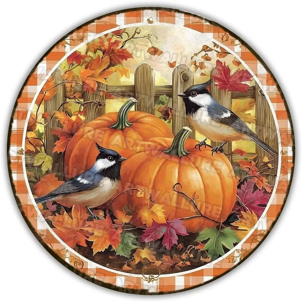 8x8" Round Fall Pumpkin Metal Tin Sign - Bird Wreath Decor, Farmhouse Home Living Room Coffee Bar Wall Art, Thanksgiving Gift