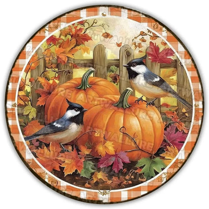 8x8" Round Fall Pumpkin Metal Tin Sign - Bird Wreath Decor, Farmhouse Home Living Room Coffee Bar Wall Art, Thanksgiving Gift