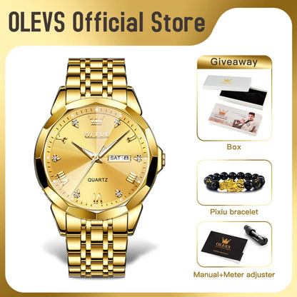 Men‘s Watches Gold Original Quartz Wristwatch Waterproof Luminous Watch for Male Rhombus Mirror Date Week Luxury Dress