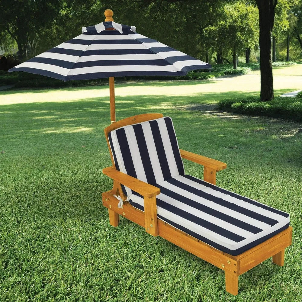 Outdoor Wooden Chaise Lounge, Backyard Furniture Chair with Umbrella and Cushion