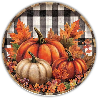 8x8" Round Fall Pumpkin Metal Tin Sign - Bird Wreath Decor, Farmhouse Home Living Room Coffee Bar Wall Art, Thanksgiving Gift