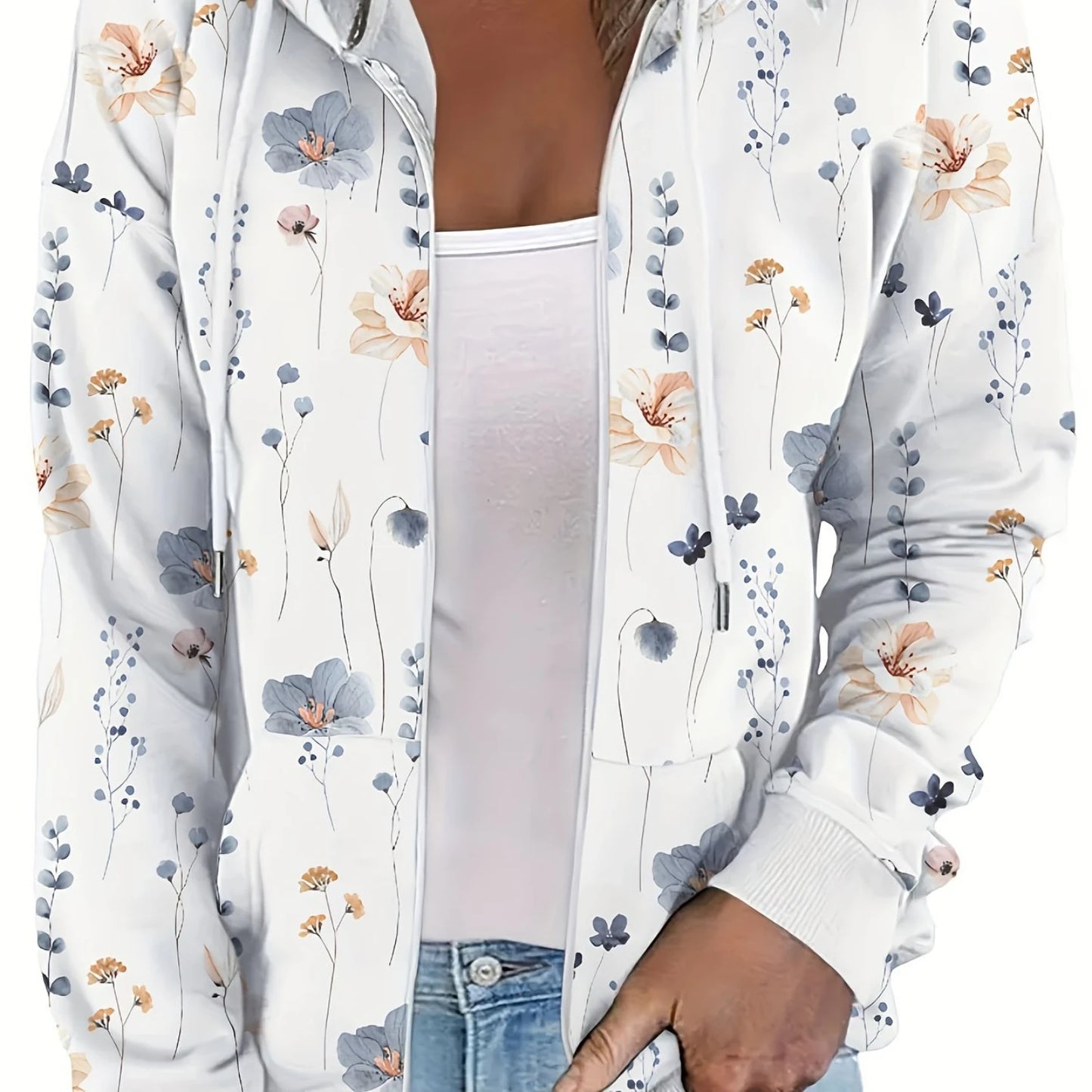 Floral Print Zip Up Drawstring Hoodie, Casual Long Sleeve Pocket Sweatshirt, Women's Clothing