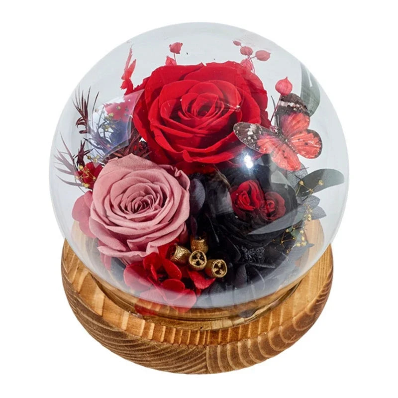 Preserved Rose Flower for Mom Wife Girlfriend in Glass Dome with Bamboo Base