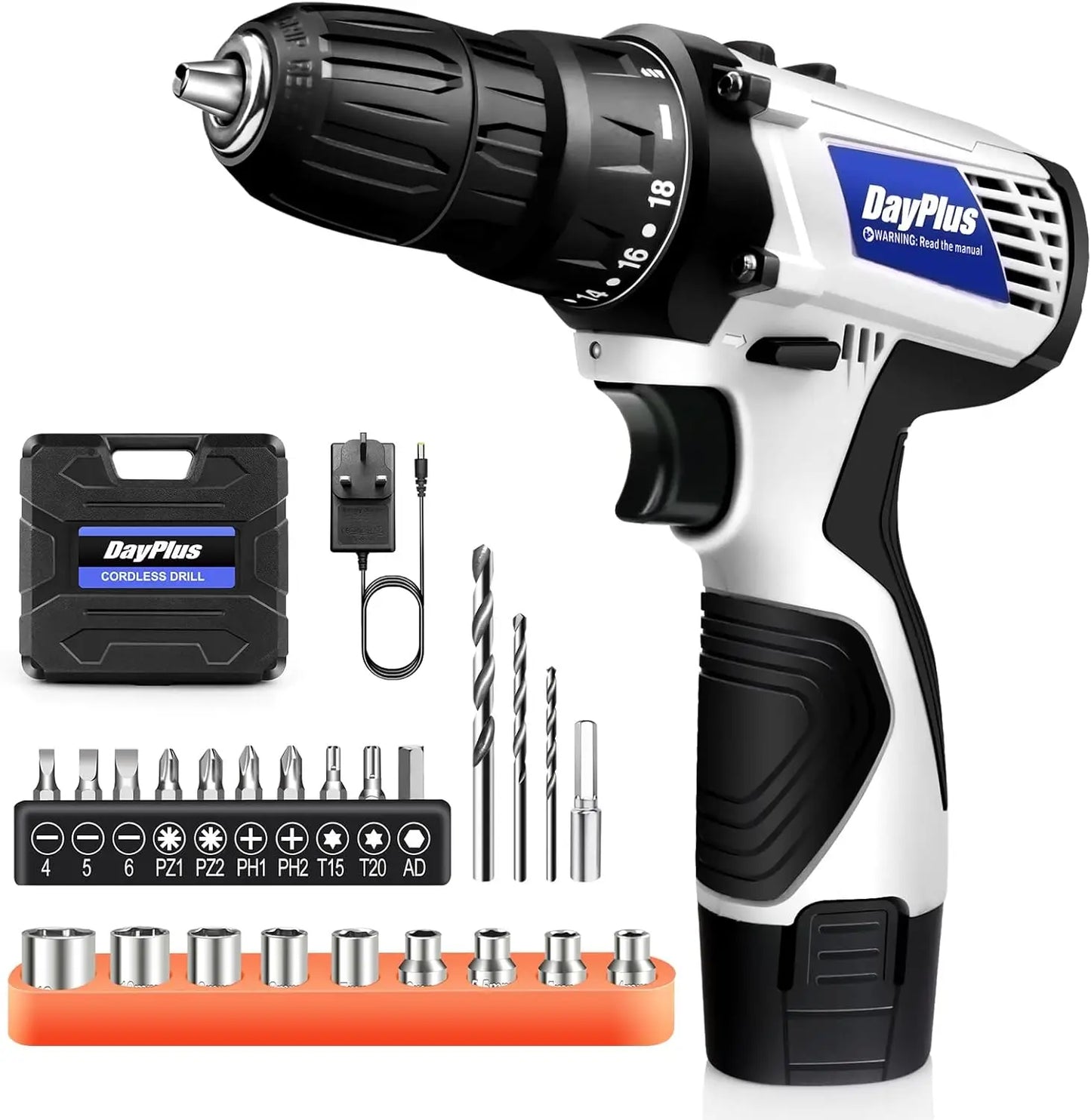 Mini Cordless Drill Driver Kit,12V Electric Screwdriver Tool+LED Work Light,High Torque 45N.m,3/8Inch Keyless Chuck,18+1