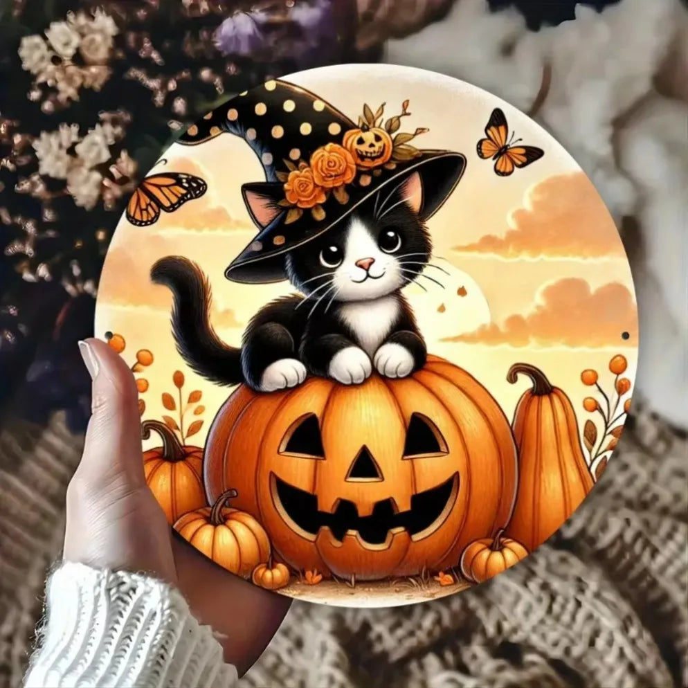 2D "Halloween" Metal Wall Art – Pumpkin, Skull & Black Cat Design, Durable Iron Hanging Decor for an room in your home or office