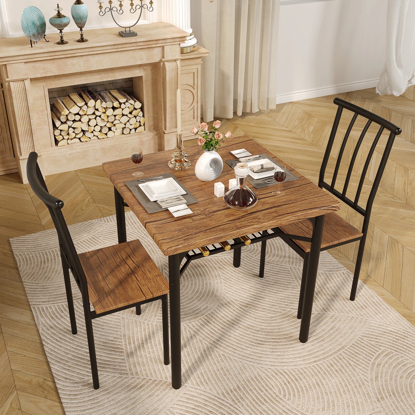 Dining Table Set for 2 with Wine Rack, Kitchen Table and Chairs for 2, Square Kitchen or Family Room Table