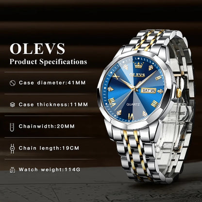Men‘s Watches Gold Original Quartz Wristwatch Waterproof Luminous Watch for Male Rhombus Mirror Date Week Luxury Dress