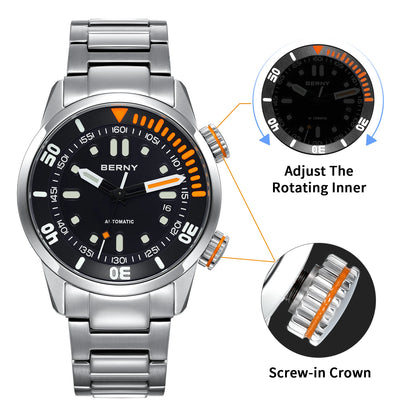 Automatic Dive Watch for Men Super Luminous Original Design 20ATM Diver Wristwatch Sapphire, Local Warehouse Fast Delivery