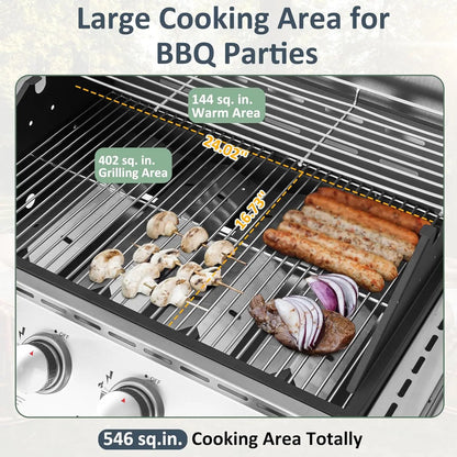 Propane Gas Grill 4 Burners with Side Burner, Stainless Steel Grill Cart with Wheels for Outdoor Patio Cooking