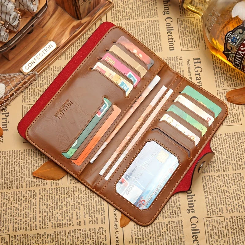 Retro Men's PU Leather Wallet Bifold ID Card Holder Checkbook Long Clutch Billfold Money Purse Handbag