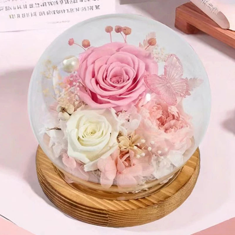 Preserved Rose Flower for Mom Wife Girlfriend in Glass Dome with Bamboo Base