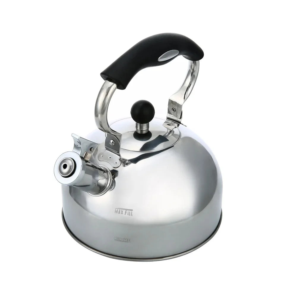 Stainless Steel Whistling Tea Kettle Induction Compatible 25L Durable Polished Kitchen Accessory Clear Fill Lines Easy Grip