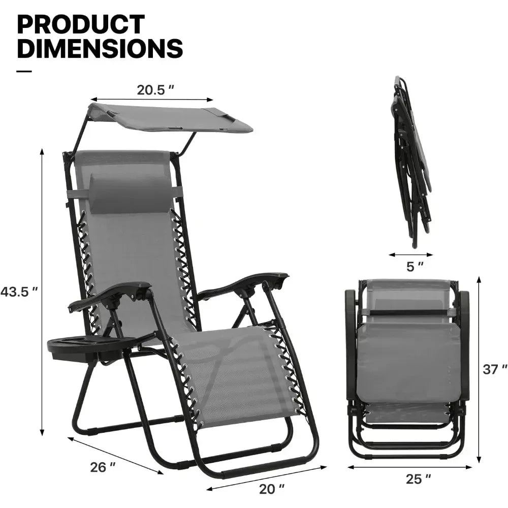 Set of 2 Outdoor Reclining Loungers with Sunshade and Headrest