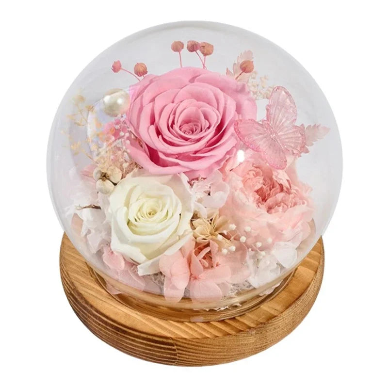 Preserved Rose Flower for Mom Wife Girlfriend in Glass Dome with Bamboo Base