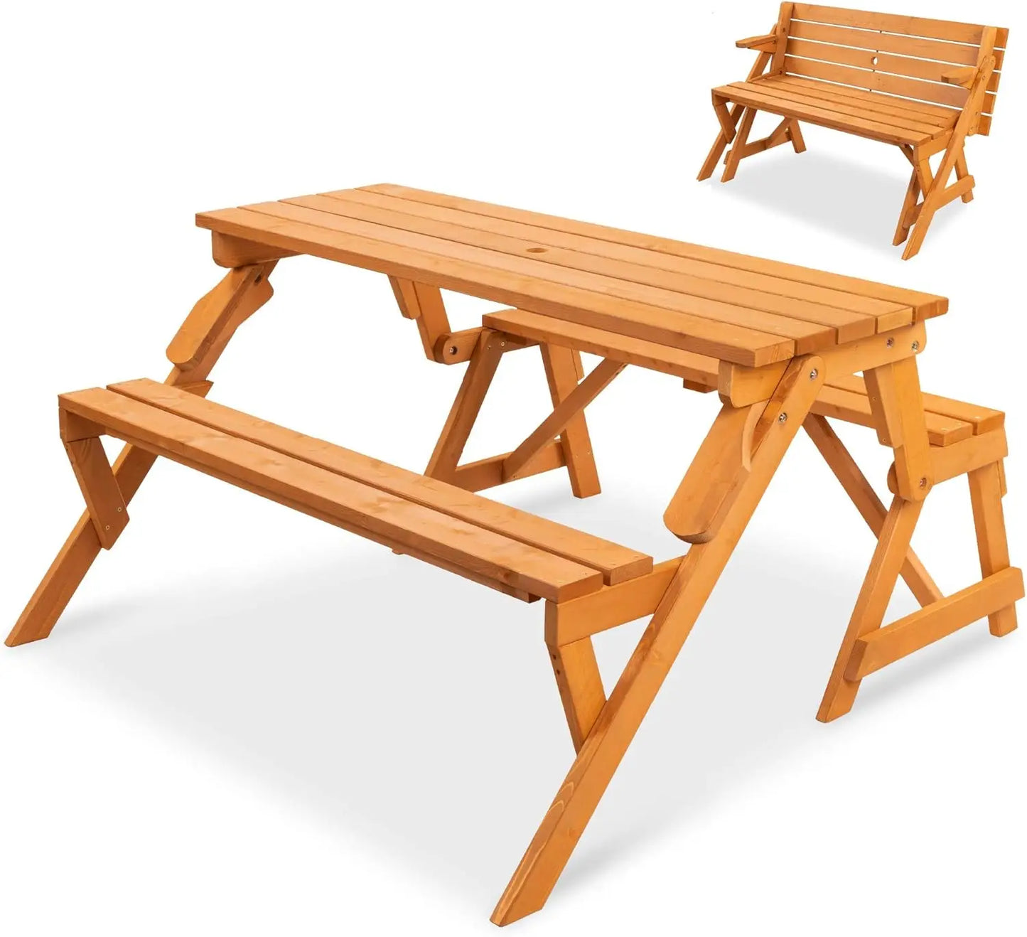 2-in-1 Transforming Interchangeable Outdoor Wooden Picnic Table and Garden Bench for Backyard, Porch, Patio, Deck w/Umbrella Hole