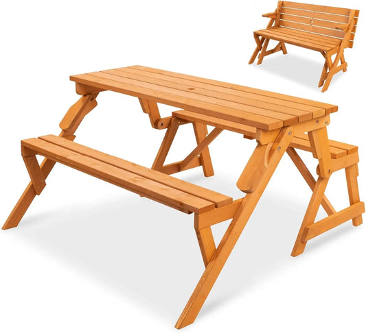 2-in-1 Transforming Interchangeable Outdoor Wooden Picnic Table and Garden Bench for Backyard, Porch, Patio, Deck w/Umbrella Hole