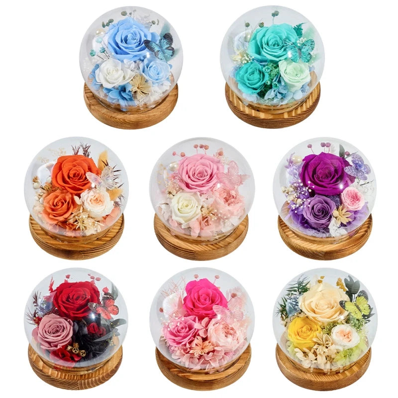 Preserved Rose Flower for Mom Wife Girlfriend in Glass Dome with Bamboo Base