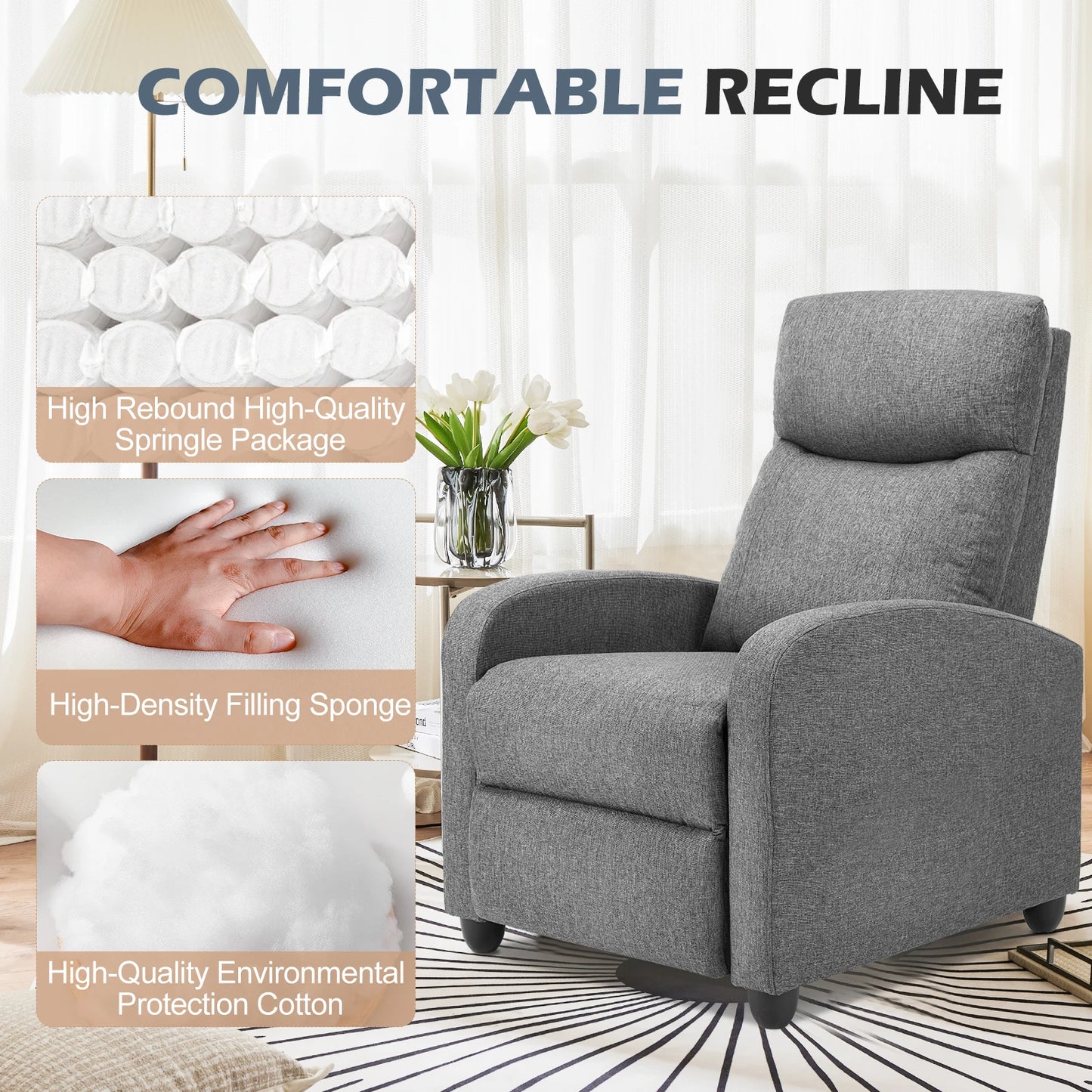 Massage Recliner Chair in Fabric Theater Lumbar Support Adjustable Modern Padded Seat Backrest Living Room Home Grey