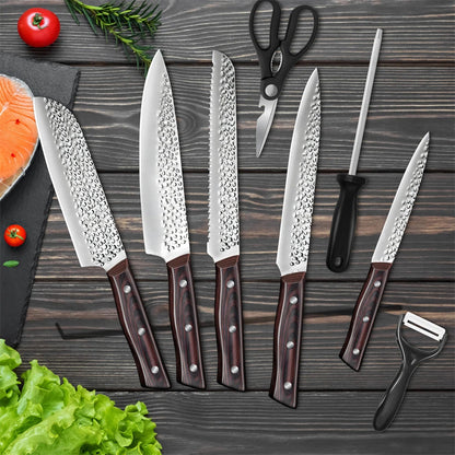 8pcs Chef Knife Kitchen Knives Set Hammer Pattern Sharp Cutting Blade Meat Salmon Slicing Knives.   Great Wedding Gift