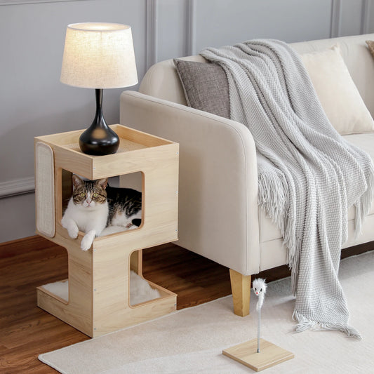 Modern Cat Tree with Scratcher Board Furniture Bed 3 Levels Spacious Top Scratching Pad Stand House Removable Soft Cushion Toys