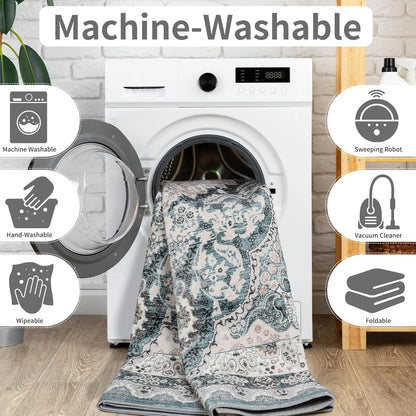 Area Rugs for most rooms in your home Machine Washable Vintage Rug, Non-Slip Low Pile Throw Rugs with Rubber Backing