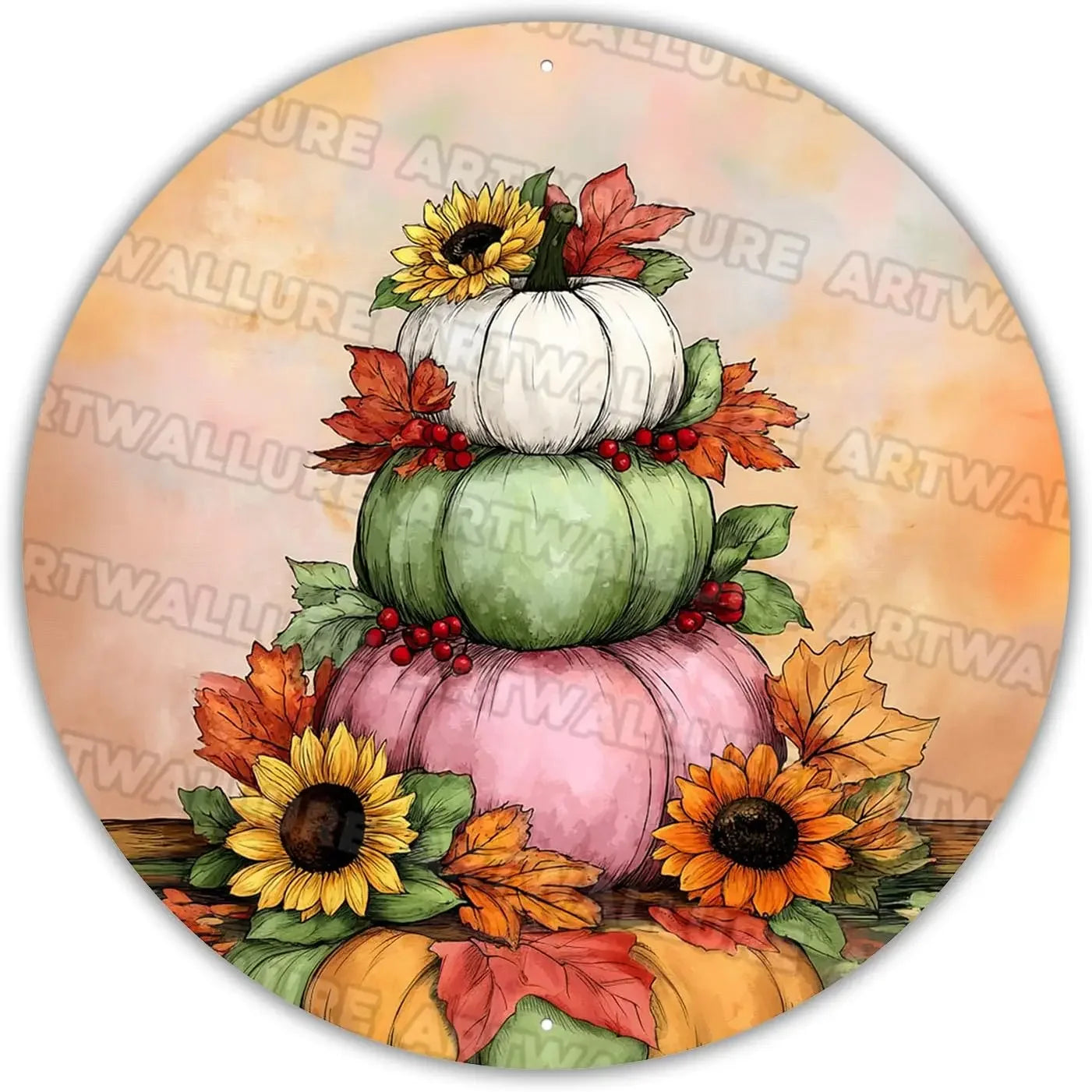 8x8" Round Fall Pumpkin Metal Tin Sign - Bird Wreath Decor, Farmhouse Home Living Room Coffee Bar Wall Art, Thanksgiving Gift