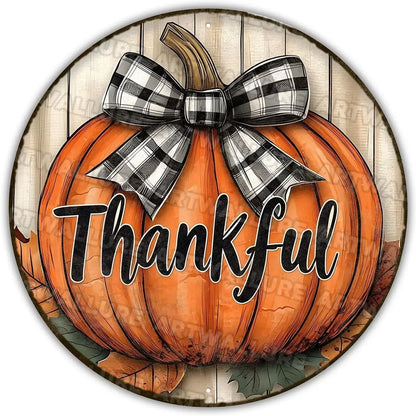 8x8" Round Fall Pumpkin Metal Tin Sign - Bird Wreath Decor, Farmhouse Home Living Room Coffee Bar Wall Art, Thanksgiving Gift